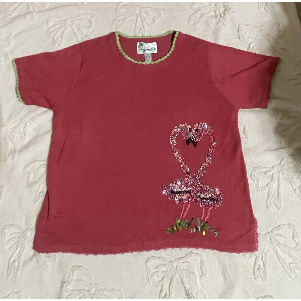 Quacker Factory Sequin Bead Flamingo Short Sleeve Tunic Sweater size 1xl
